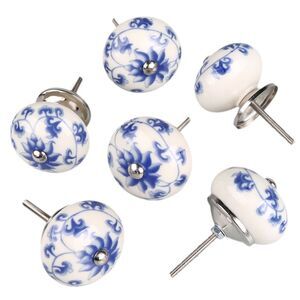 6pcs Vintage Knobs Floral Ceramic Pumpkin Drawer Handles Pulls Knob, Blue White